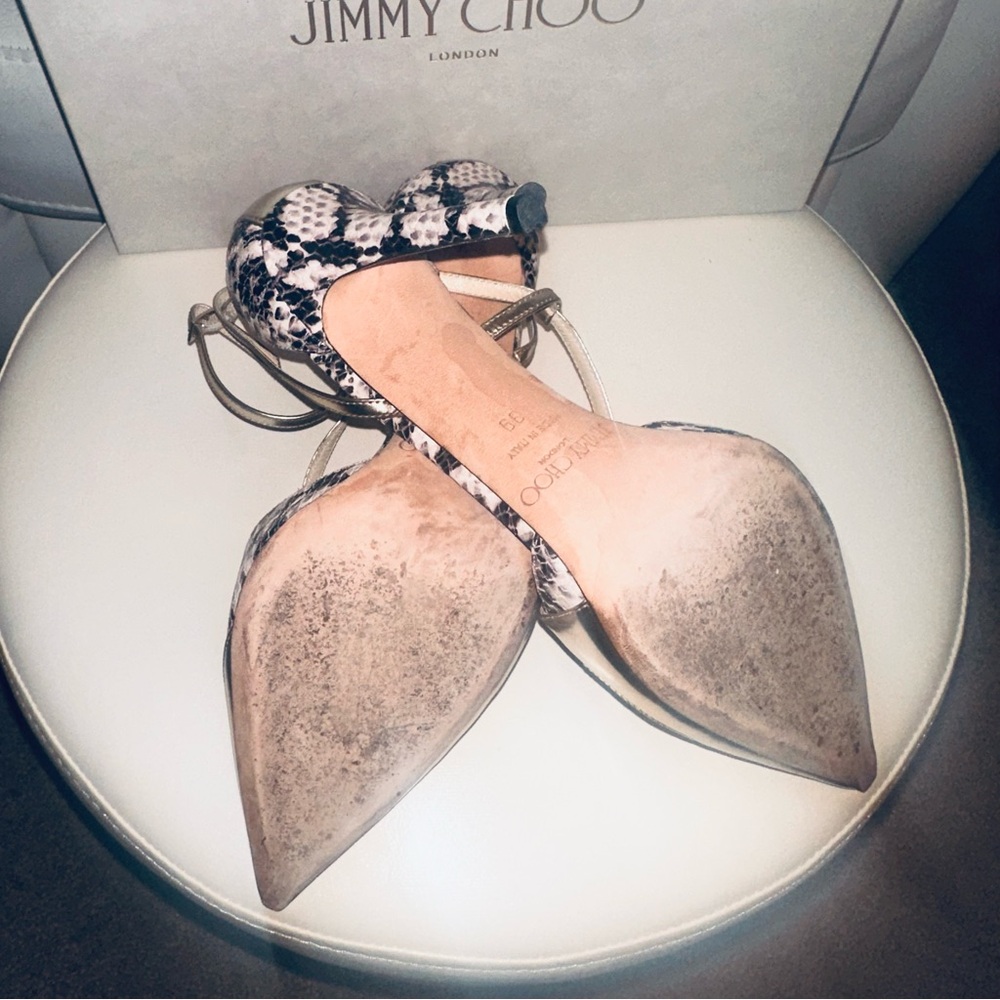 Jimmy Choo Metallic Gold and Snake Print Pointed Toe Heels - Picture 4 of 7